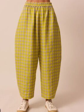 3X MABEL LINEN BARREL LEG TROUSERS in Citrine Check